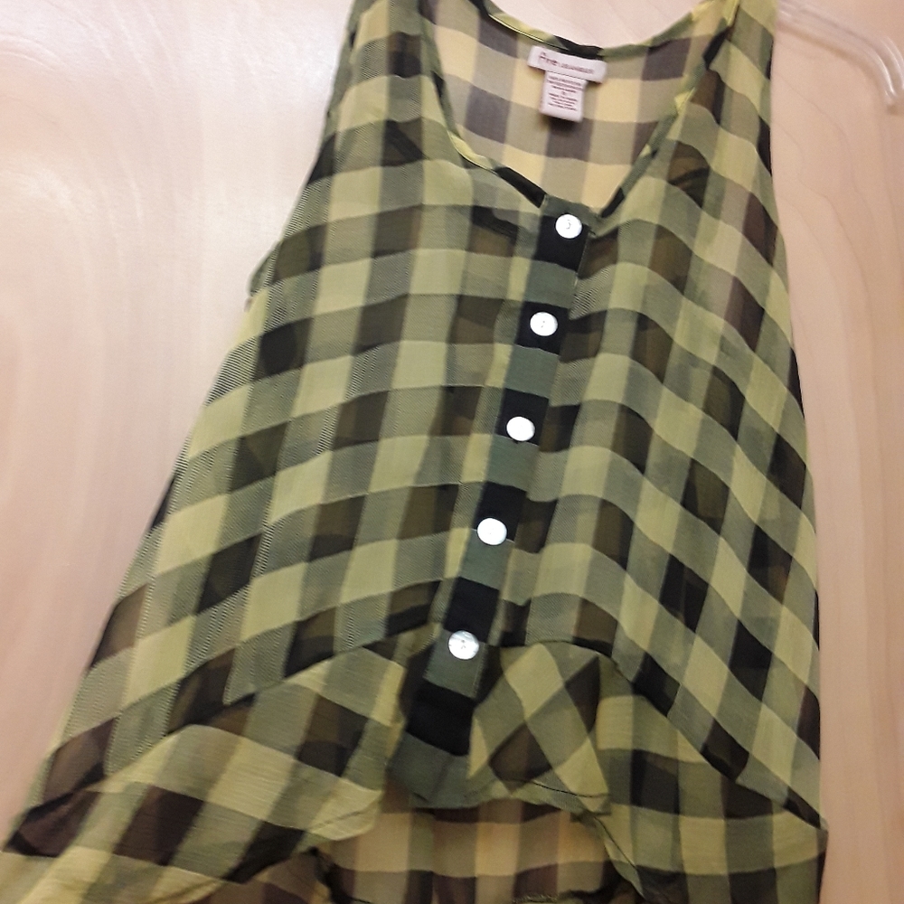 Yellow Checker Plaid Button Sheer Tank Top